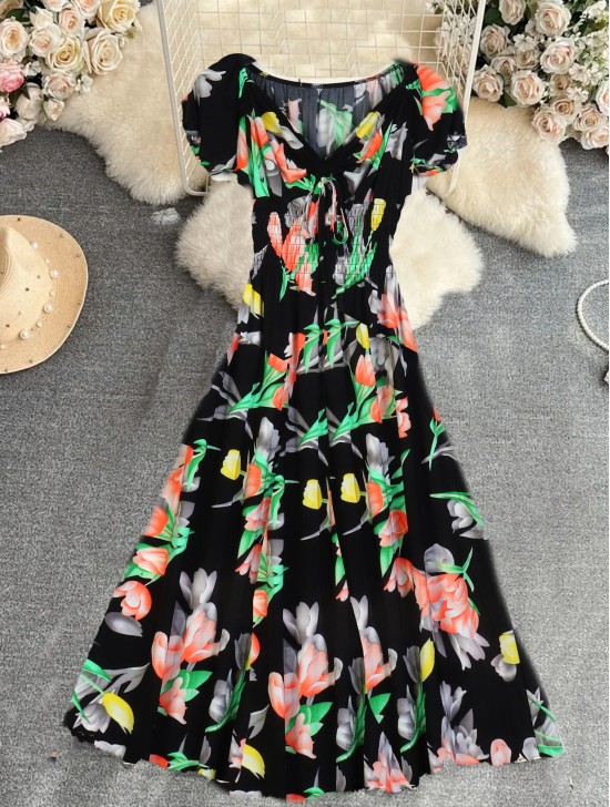 Floral V -Neck Short Sleeved Summer Dress